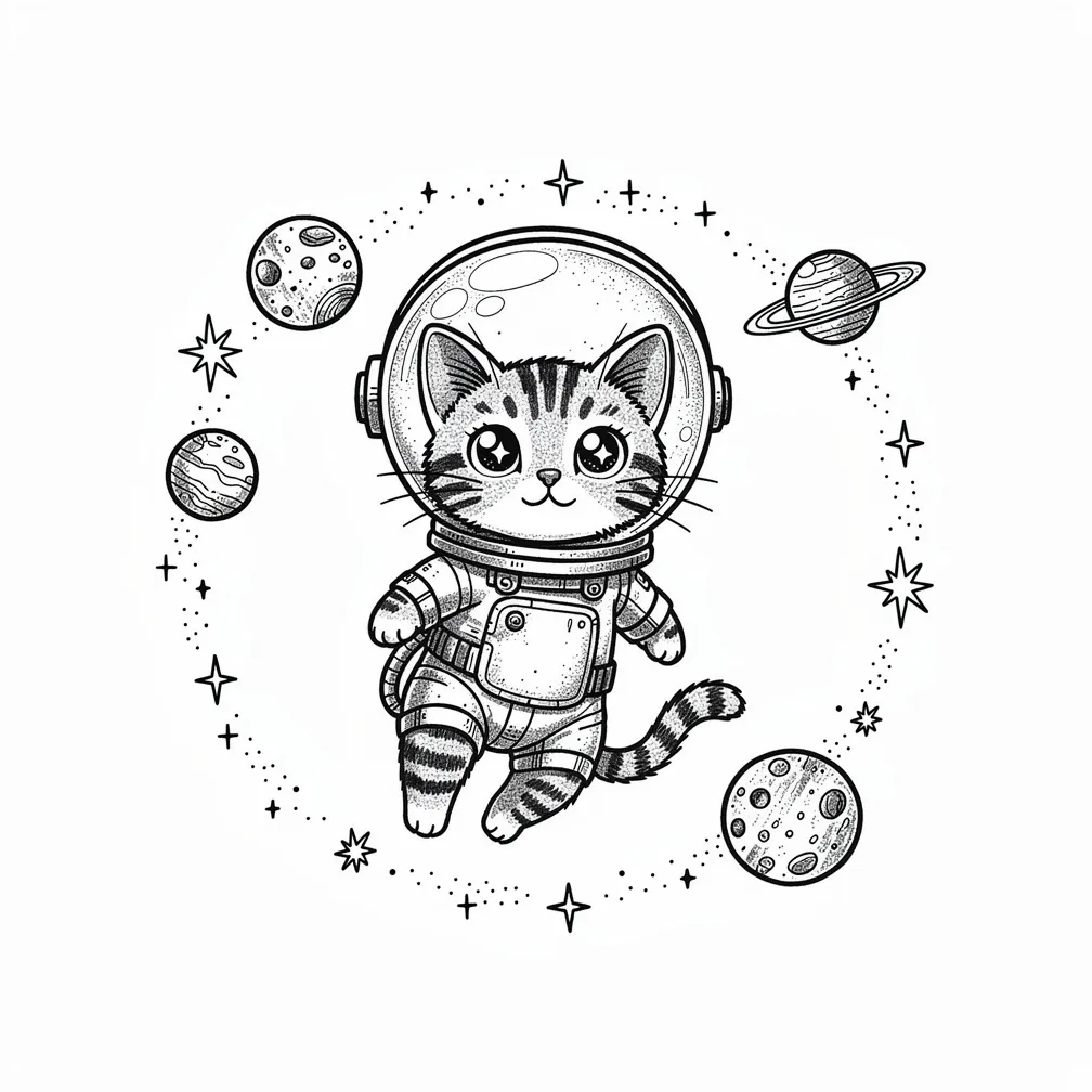 Un pequeño gato astronauta de estilo ilustrativo flota en el espacio con un casco de pecera, rodeado de estrellas y pequeños planetas.