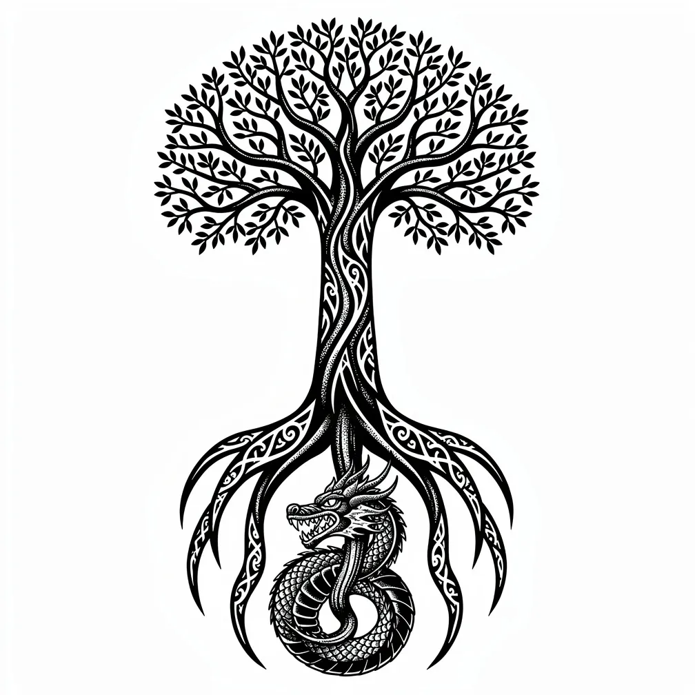 Una representación en blackwork de Yggdrasil con raíces extendidas que se adentran en tres reinos y un dragón enroscado alrededor de la base del árbol