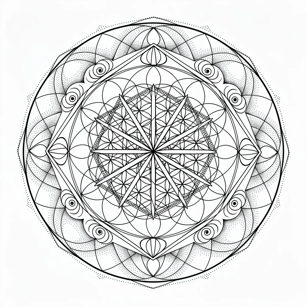 A geometric sacred-geometry tattoo featuring a central Flower of Life, Metatron’s Cube overlay, and radiating golden ratio spirals in precise linework.