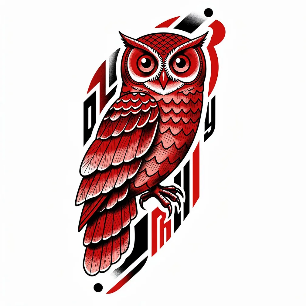 A trash-polka owl rendered with moth wings replacing its feathers, using bold blackwork, splatter textures, and red accent elements.