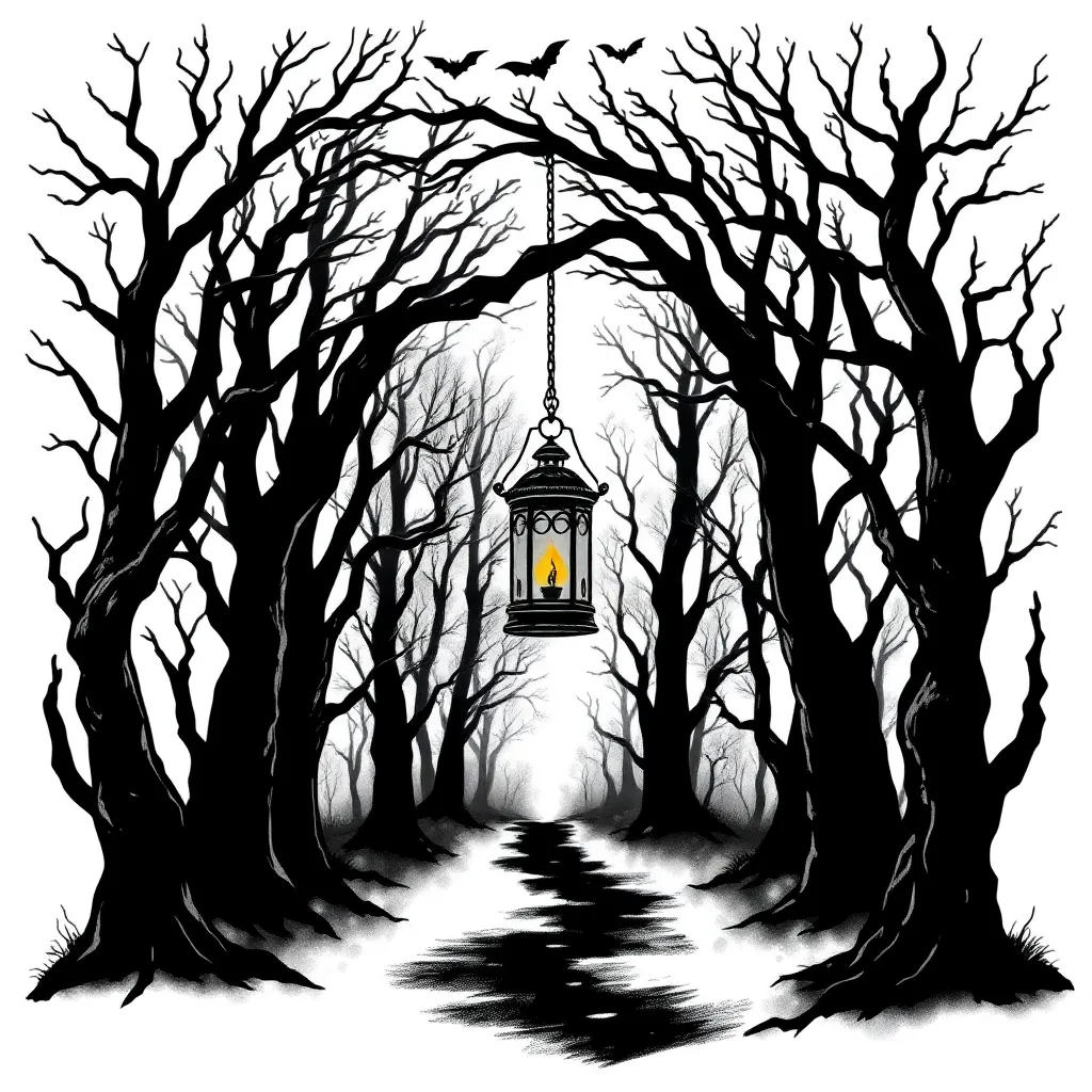 A blackwork dark forest of bare twisted trees with a single glowing lantern on a crooked path and bats silhouetted in the sky.