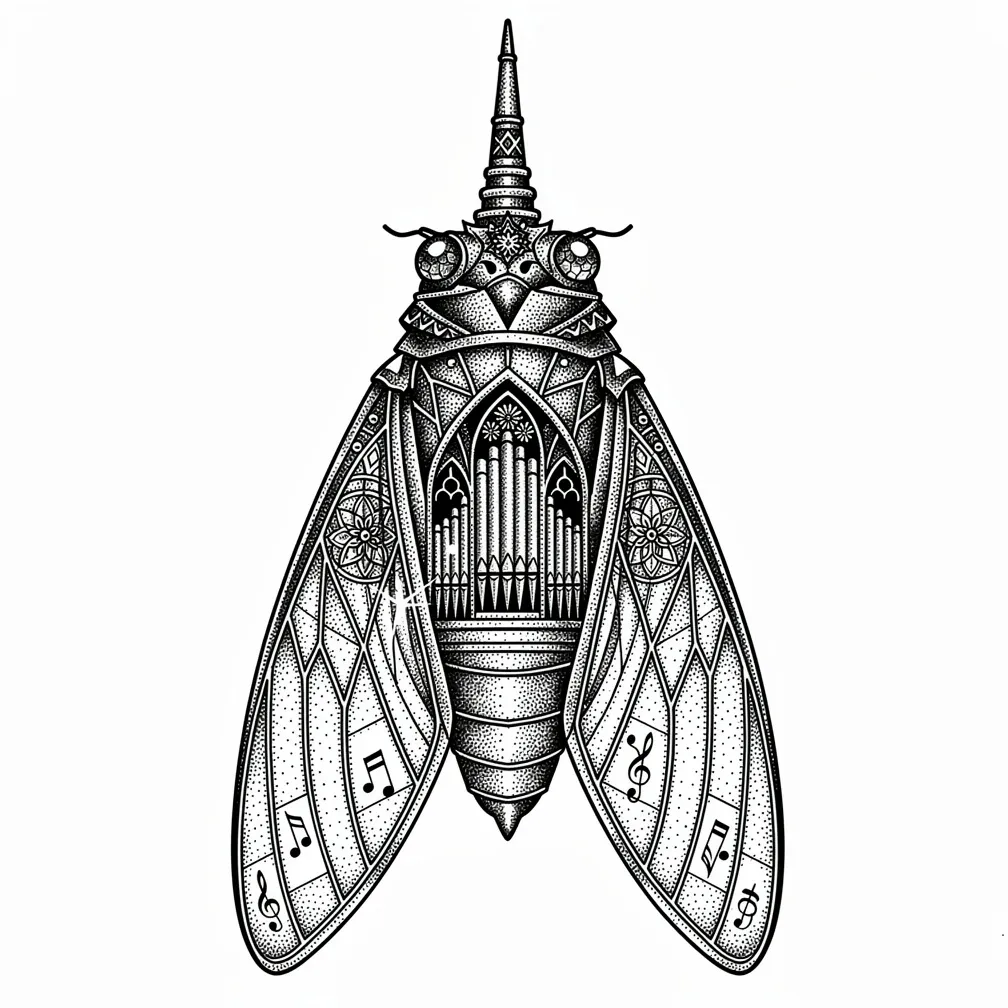 A dotwork cicada exoskeleton transformed into a miniature cathedral, with organ pipes in the thorax, hymn-etched stained-glass wings, and a spired proboscis.