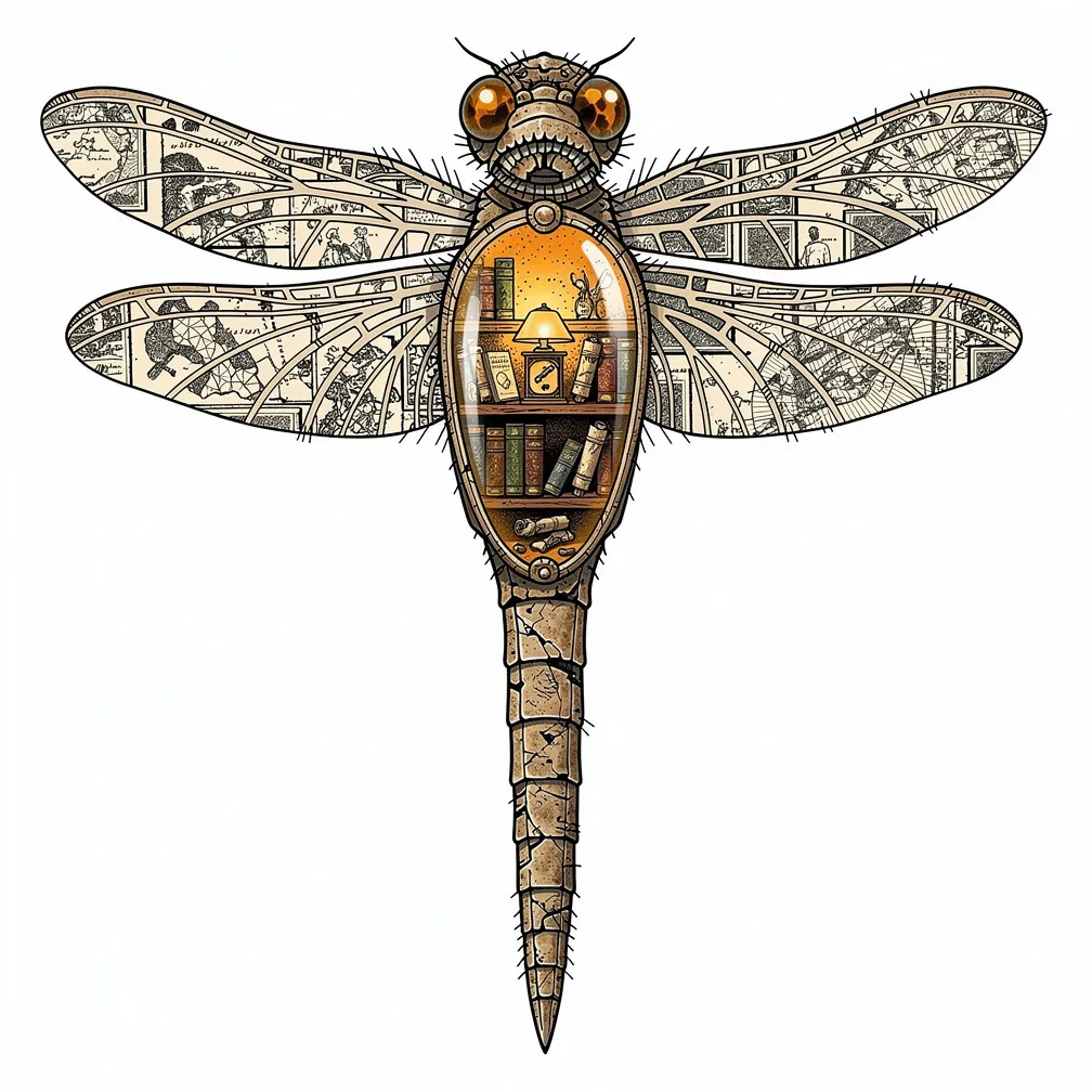 An illustrative fossilized dragonfly reliquary with amber eyes and thorax holding a tiny lamp-lit library, plus stained-glass wings veined with bone lattice and etched maps.