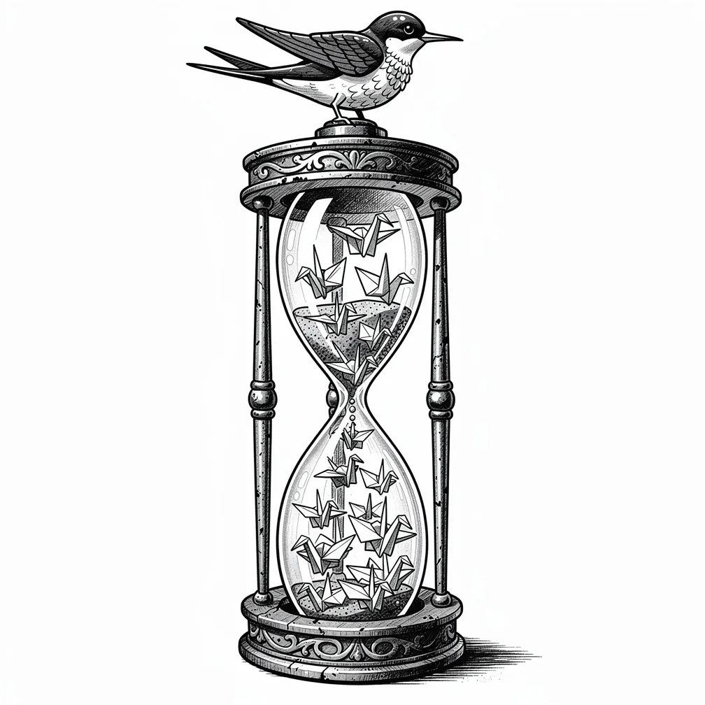 An illustrative antique hourglass with dented brass rims, tiny paper cranes suspended like sand, and a swallow-shaped stopper tilted in a wistful pose.