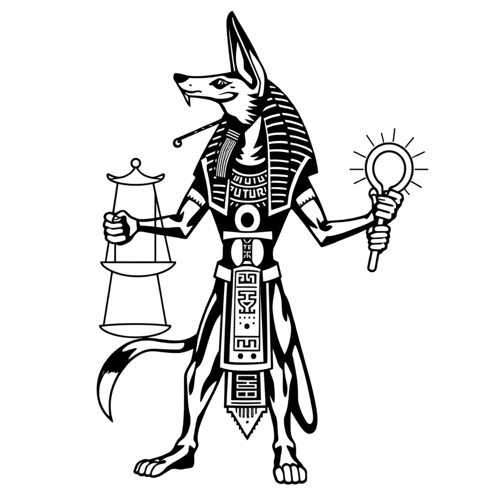 Blackwork depiction of Anubis, the jackal-headed Egyptian god, holding the scales of judgment while an ankh in his other hand glows subtly.