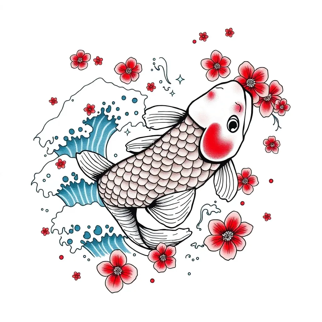 A Japanese-style ornate koi swimming upstream through stylized crashing waves with drifting cherry blossom petals