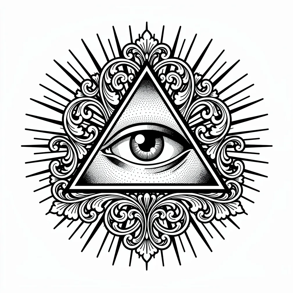 Blackwork Eye of Providence inside a triangle with ornate filigree and radiating beams of light, rendered in bold black and grey linework.