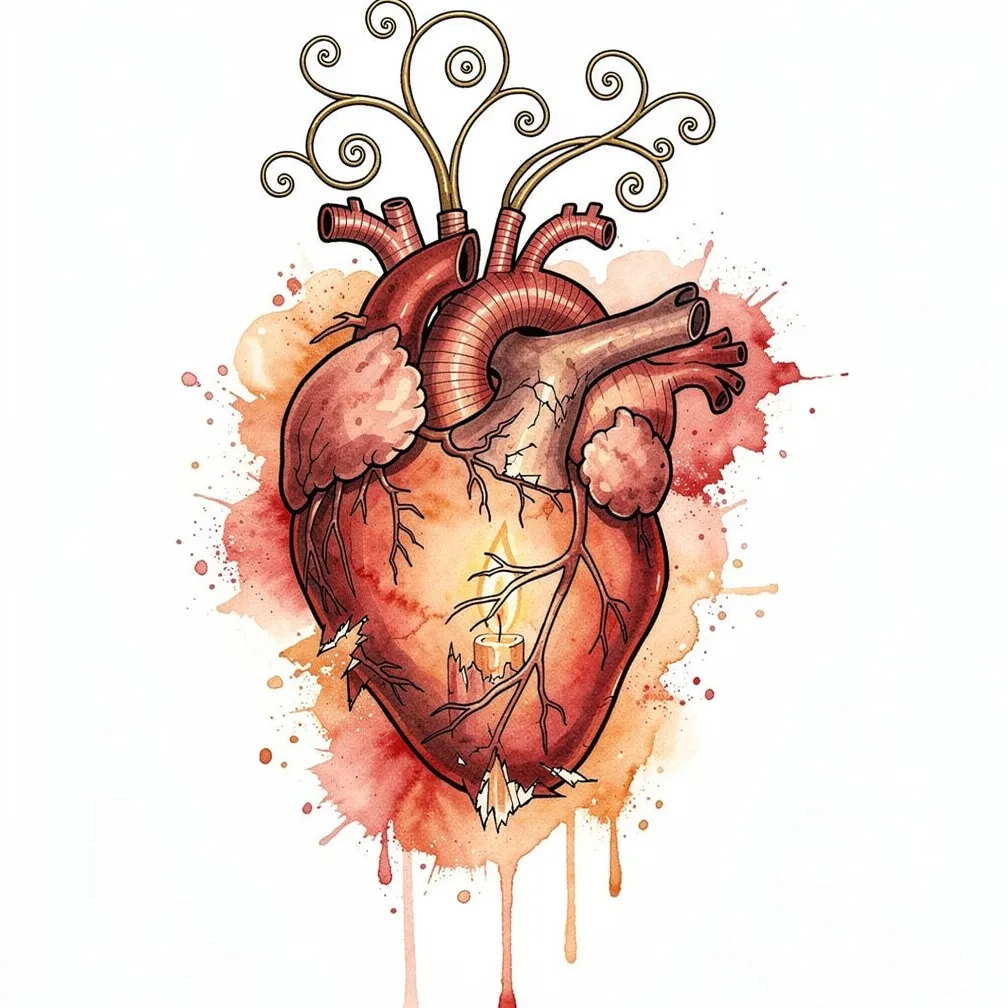 A watercolor anatomical heart paper-lantern with stitched seams, brass-wire arteries, candlelight glowing through torn valves, and tiny ink script labels.