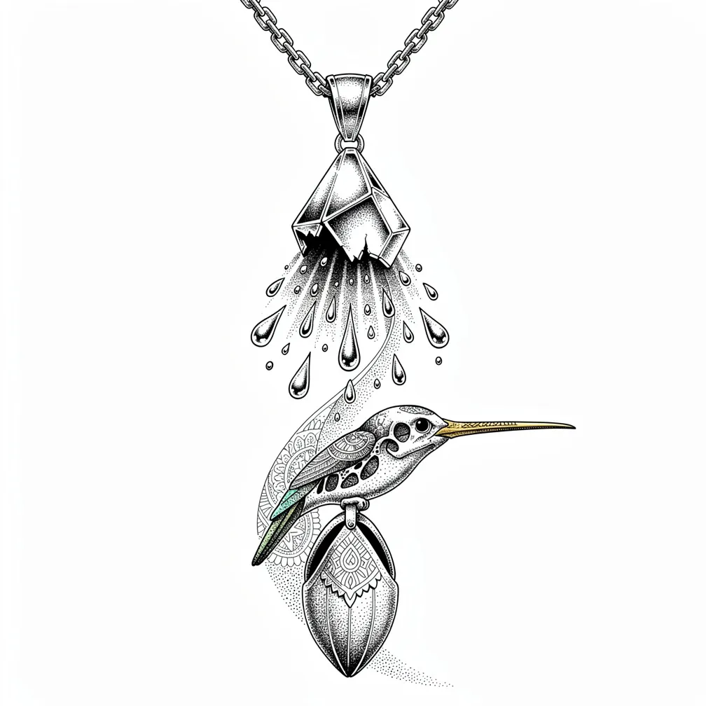 A dotwork pendant of a fractured glass prism on a frayed chain, spraying mercury droplets that become sleeping seedpods, topped by a filigreed hummingbird skull.
