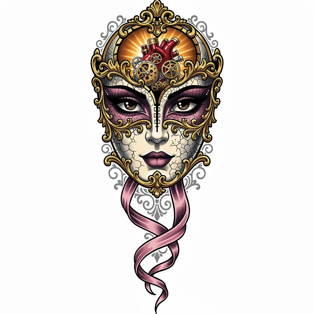A neo-traditional baroque masquerade mask with gilded filigree and ribbon split to reveal a lamp-lit mechanical heart of watch gears and springs.