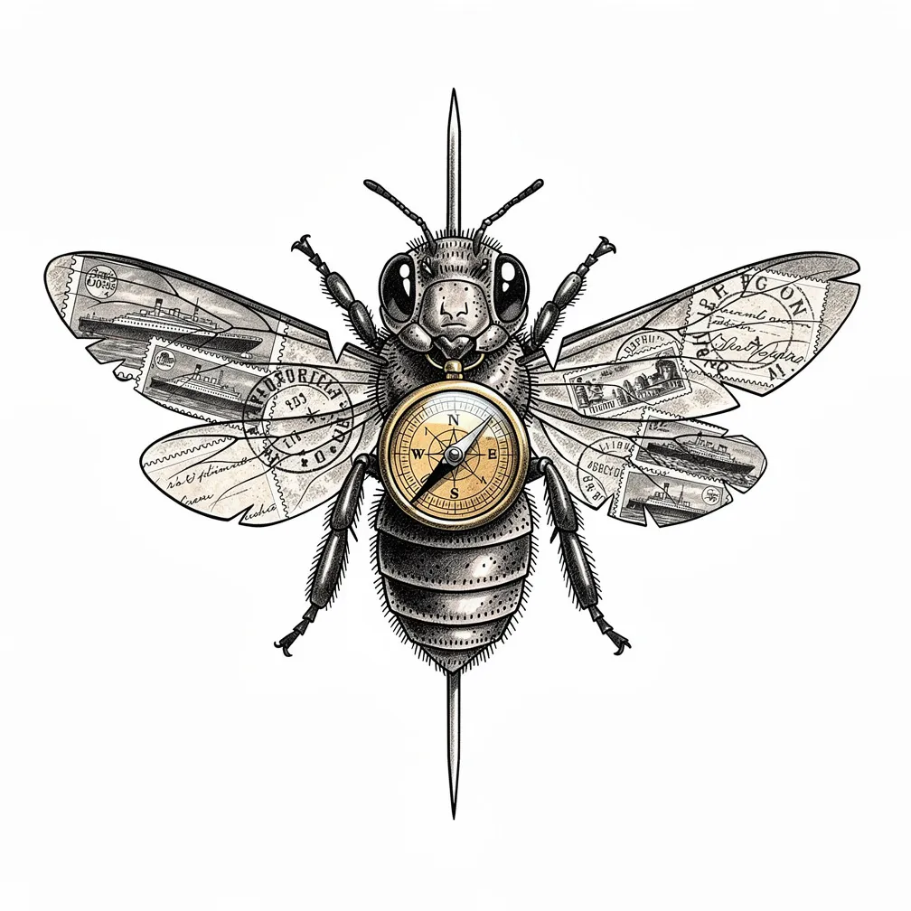 An illustrative pinned bee specimen with wings collaged from vintage postage stamps and a brass compass thorax, featuring faceted eyes and a calm, alert expression.