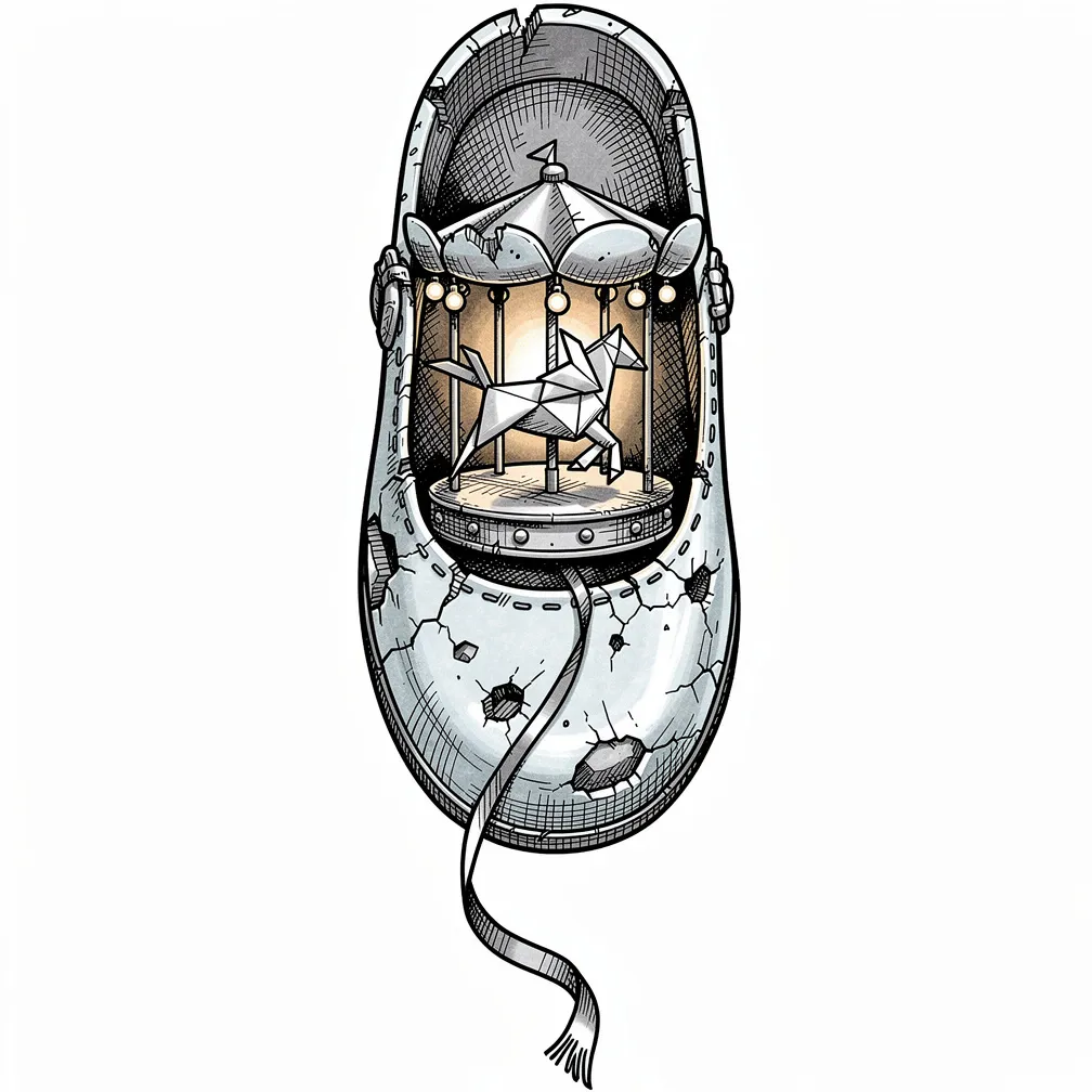 An illustrative cracked porcelain child’s clog with faded blue glaze splits open to reveal a lamp-lit wind-up carousel, featuring an origami swallow horse mid-gallop.