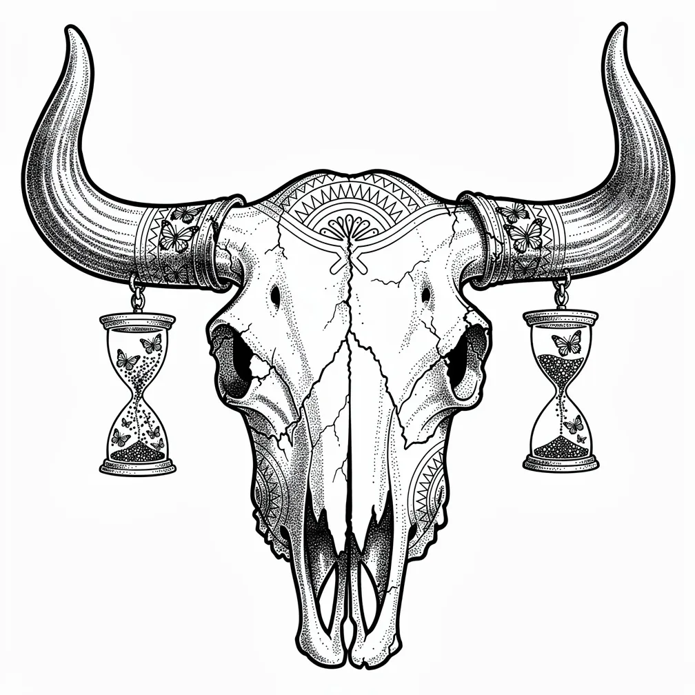 A dotwork bison skull with weathered cracks and outward horns that form tiny hourglasses, their sand becoming a swarm of minuscule butterflies.