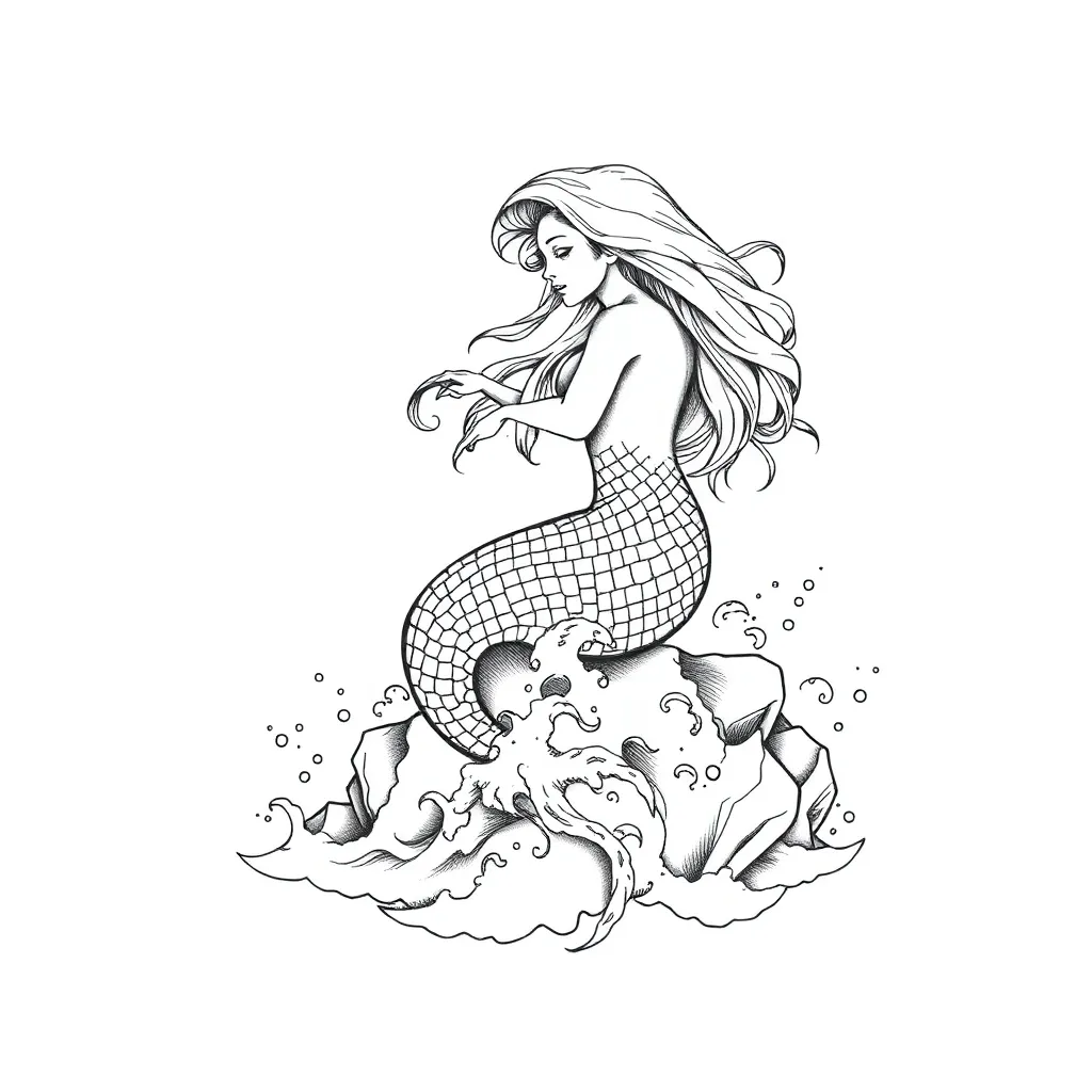 An illustrative siren perched on jagged sea rocks singing to passing ships as her fish tail dissolves into crashing ocean waves, with flowing hair and dramatic waves.