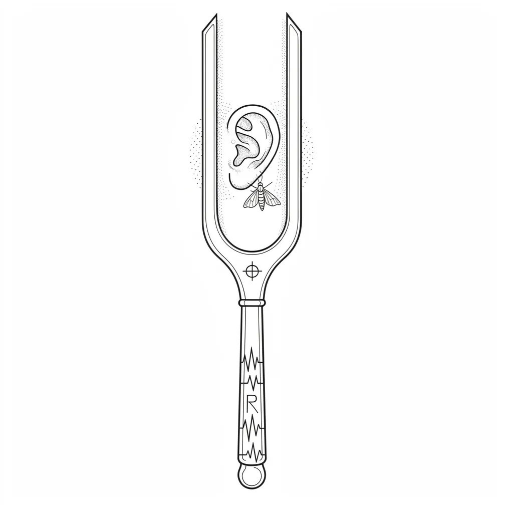 A fine-line steel tuning fork with gothic-arched prongs frames a detailed human ear, with faint waveform runes on the handle and a tiny moth on the lobe.