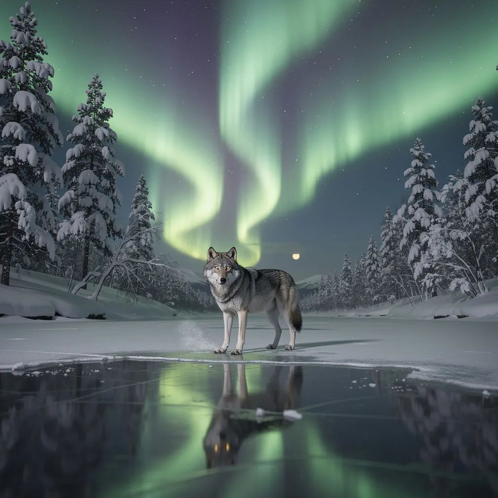 A realism tattoo of northern lights over a frozen lake with a lone wolf on the ice, framed by snow-laden evergreens at night.