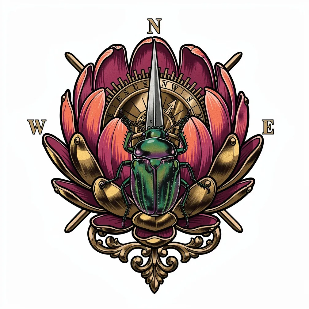 A neo-traditional ornate protea bloom designed as a compass with brass-engraved petals, a tiny sundial needle, and an iridescent jewel beetle at the center.