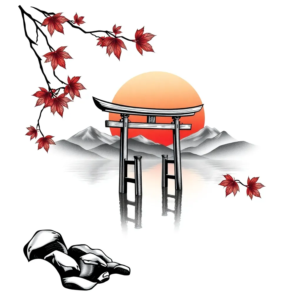 A Japanese-style scene of a torii gate standing in still water at sunset with distant mountains and falling maple leaves