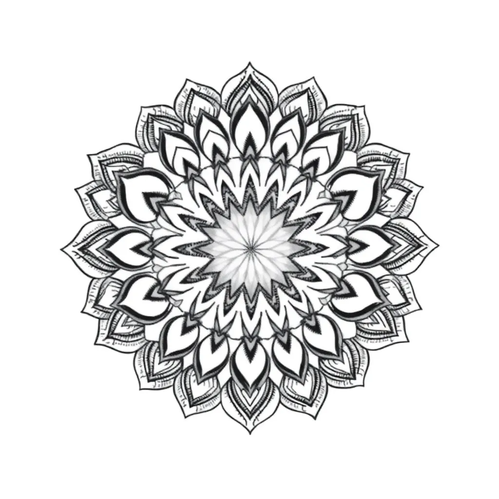 An intricate dotwork mandala of concentric rings with geometric petal motifs radiating outward in perfect symmetry