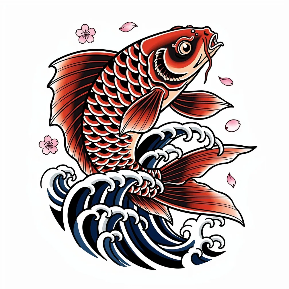 A Japanese irezumi-style koi fish swims upstream through crashing waves as cherry blossom petals drift across the water.