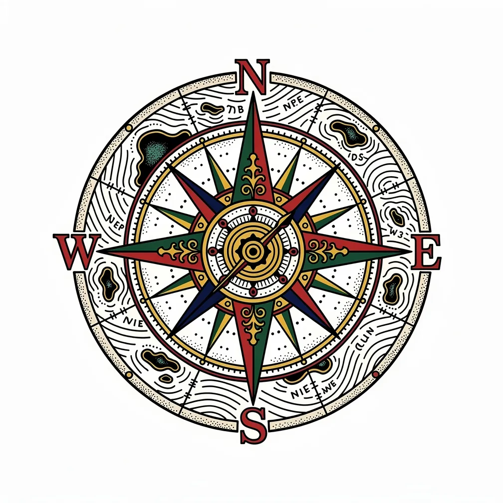 Una rosa de los vientos náutica vintage de estilo tradicional, con letras cardinales ornamentadas, rodeada por un mapa antiguo de aguas inexploradas, realizada con contornos marcados y colores clásico