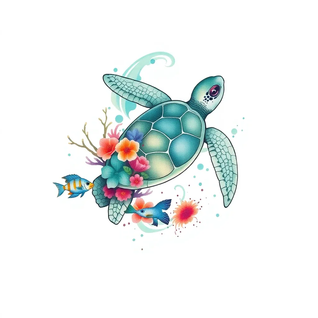 A watercolor sea turtle gliding through ocean currents with a coral reef growing on its shell and colorful tropical fish swimming alongside.