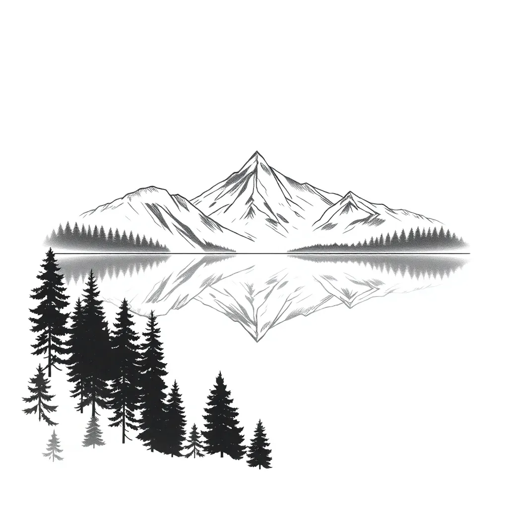 Minimalist line tattoo of a towering mountain range reflected perfectly in a still alpine lake, framed by evergreen trees.