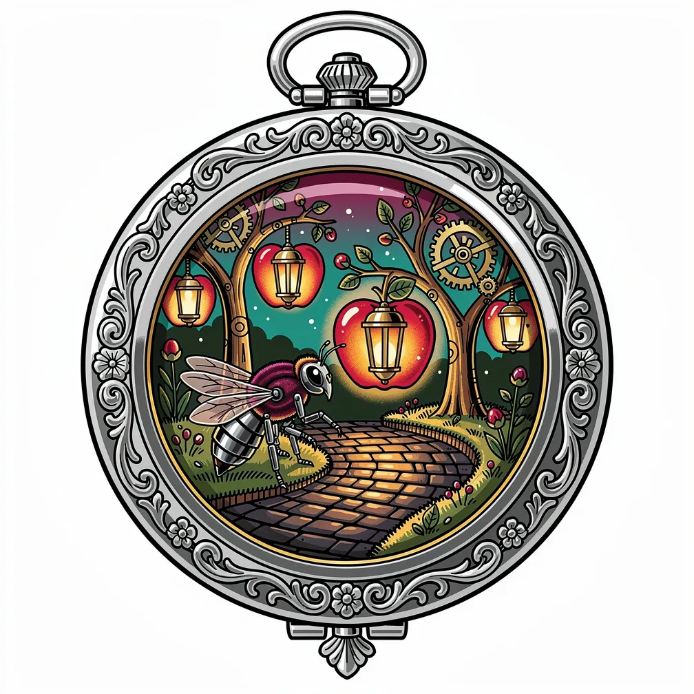 A neo-traditional antique compact mirror opened to a lamp-lit miniature clockwork orchard with lantern apples and a mechanical honeybee tending a glowing apple-lamp.