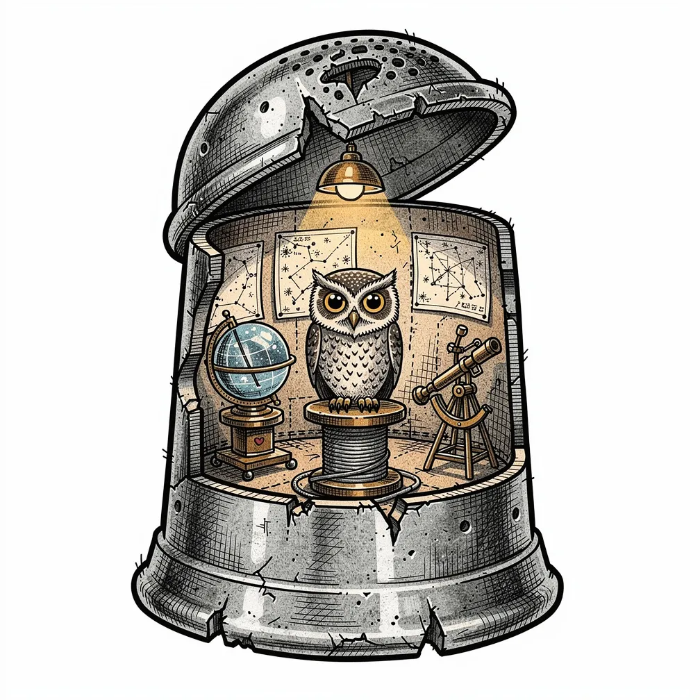 An illustrative weathered silversmith’s thimble opened like a hatch to reveal a tiny lamp-lit observatory with star charts, a brass sextant, and a wise owl astronomer.
