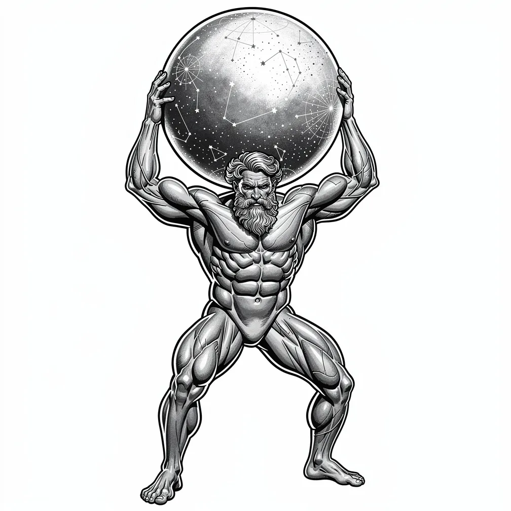 Realistic depiction of the Greek god Atlas straining as he carries a detailed celestial sphere on his shoulders, the globe showing stars and constellations