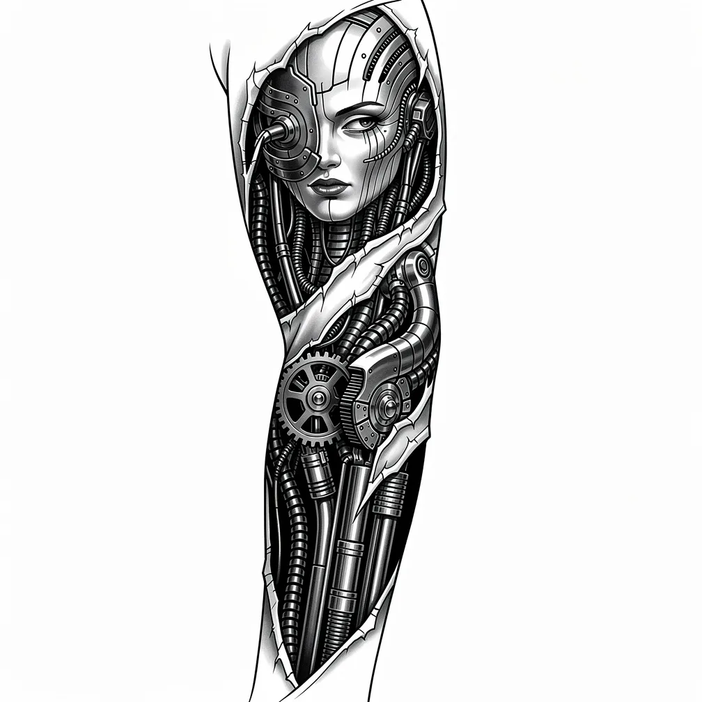 Un diseño biomecánico de manga completa con piel rasgada que revela pistones, engranajes y conductos hidráulicos debajo, realizado con sombreado en negro y gris y reflejos metálicos.