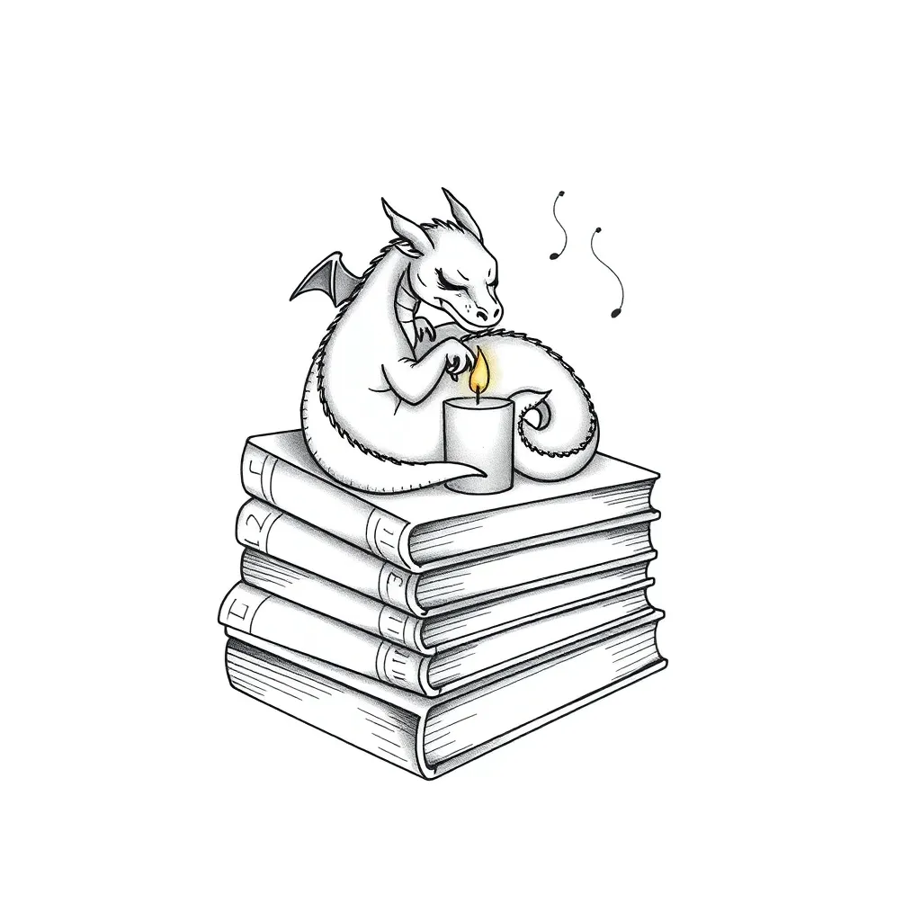 A fine-line stack of books with a tiny dragon curled around a lit candle, sleeping and exhaling thin wisps of smoke.