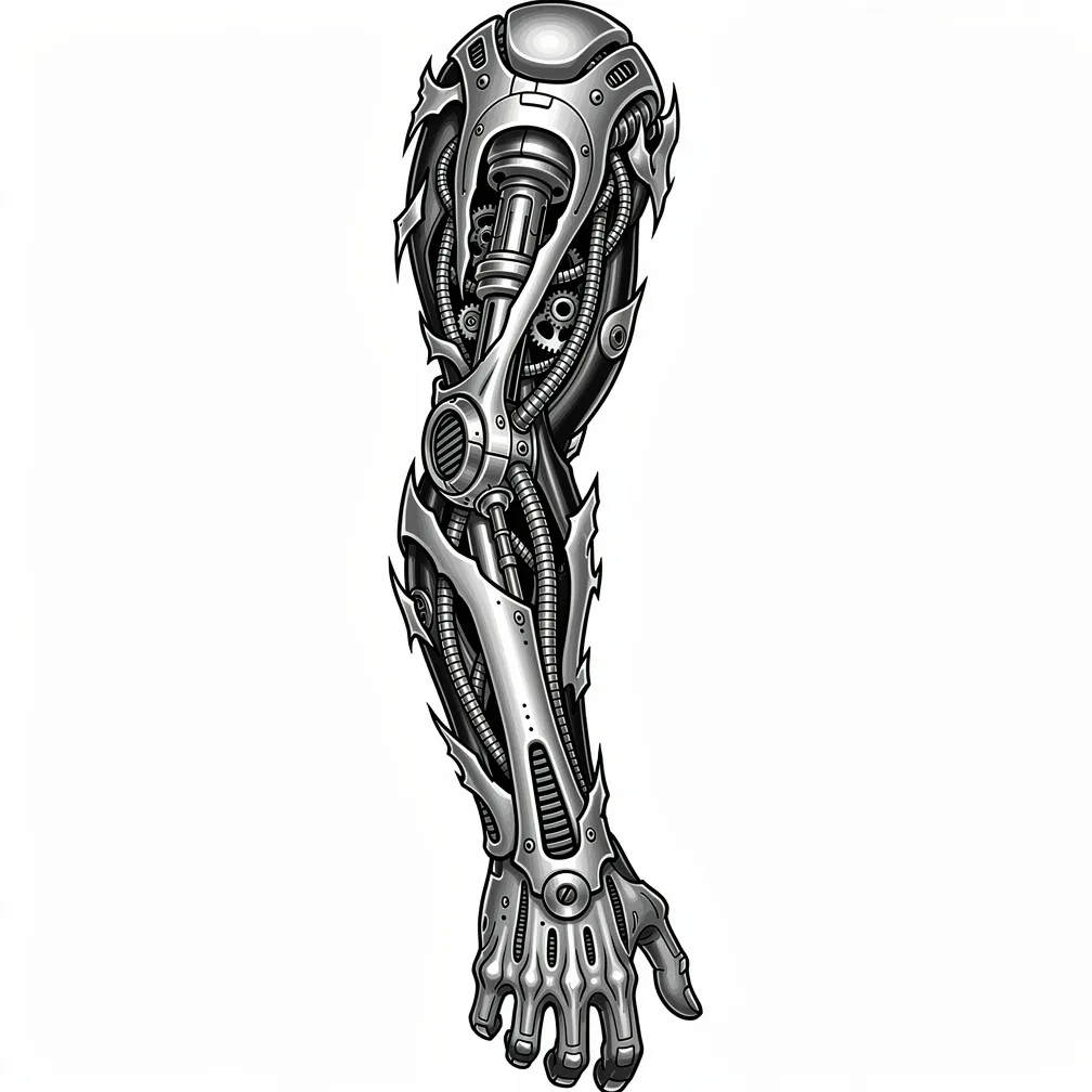 A biomechanical full arm sleeve with torn skin revealing pistons, gears, and hydraulic lines in dark black-and-grey metallic shading.