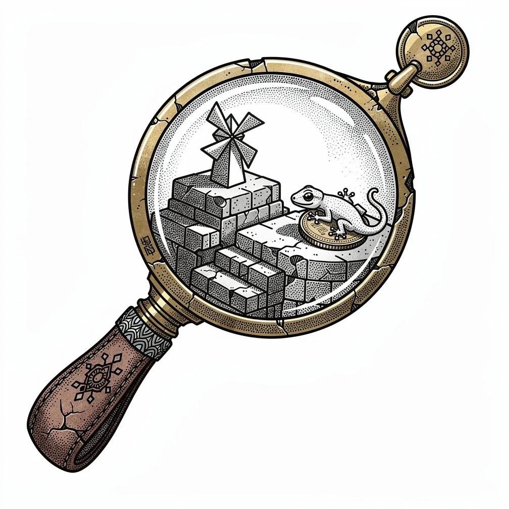 A dotwork antique jeweler’s loupe with a brassed rim and cracked tether, its lens containing a lamp-lit terraced cliff with a tiny windmill and a content gecko on a coin.