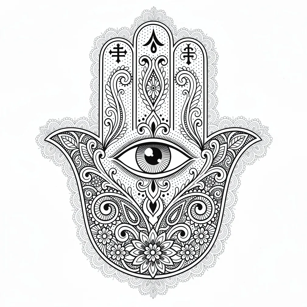 An ornamental Hamsa hand with a central evil eye, filled with henna-inspired paisley, dotwork, and protective symbols in detailed linework.