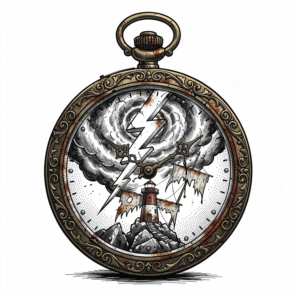 An illustrative dented brass pocket watch with filigree, its face containing swirling storm clouds, frozen lightning, and a tiny lighthouse; the hands become tattered masts with rust drips.