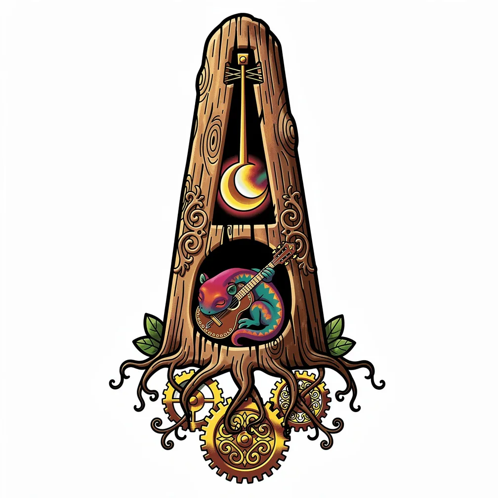 Un diminuto metrónomo neotradicional tallado en un tocón de árbol envejecido, con un péndulo de luna creciente, engranajes de latón expuestos entre raíces y una salamandra dormida enroscada alrededor,