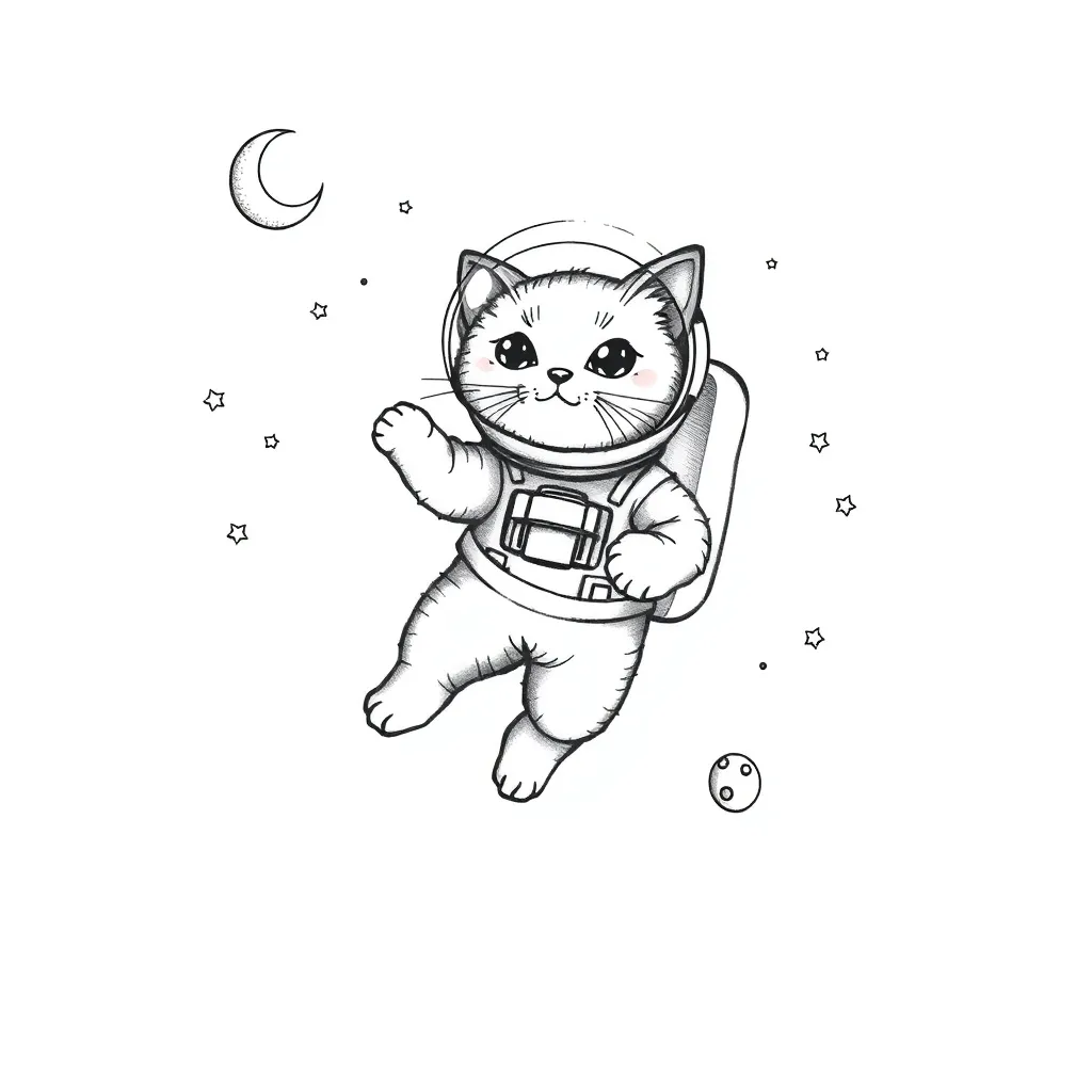 Tiny illustrative cat astronaut floating in space wearing a goldfish bowl helmet surrounded by stars and small colorful planets.