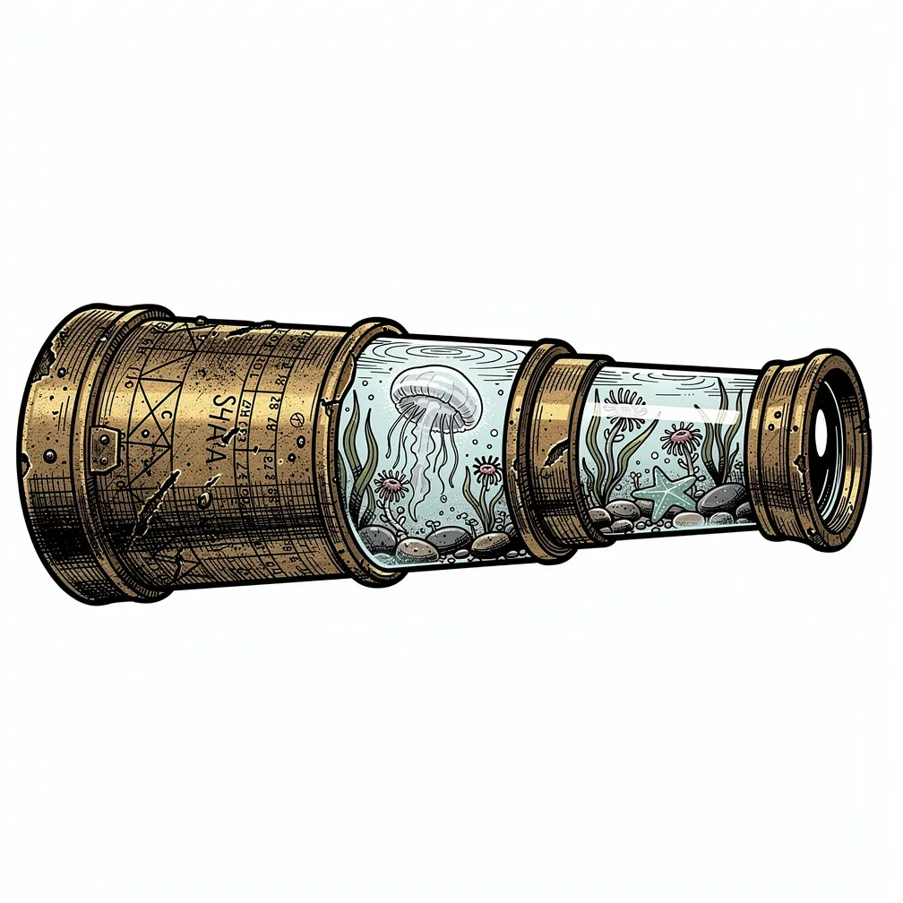 An illustrative weathered brass spyglass whose lens opens into a glowing cyan tidepool with a moon jelly, kelp, anemones, and a seaglass starfish amid engraved charts.