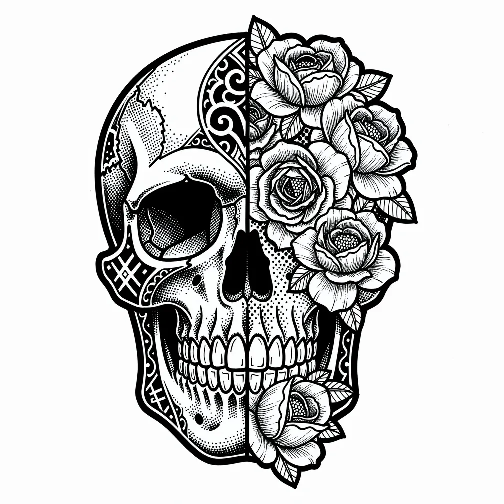 Blackwork tattoo of a half-realistic skull merging into a blooming garden of roses and peonies, symbolizing life and death.