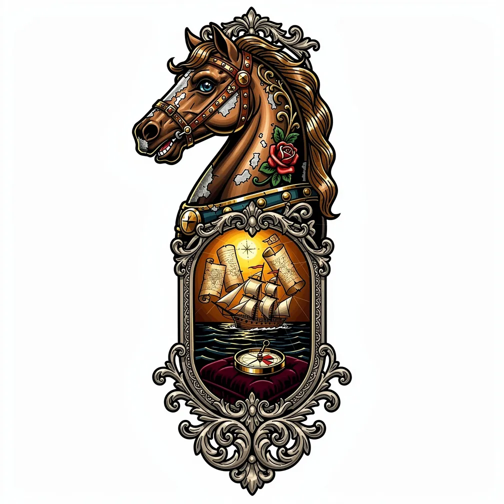 A neo-traditional antique carousel horse with chipped gilt and cracked glass eye, its chest opening to a lamp-lit map room with nautical charts, a paper ship, and a brass compass.
