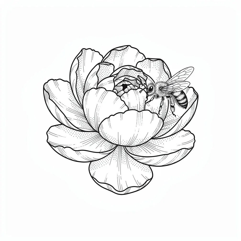 A fine-line peony in full bloom with layered petals and a small bee resting on one petal.