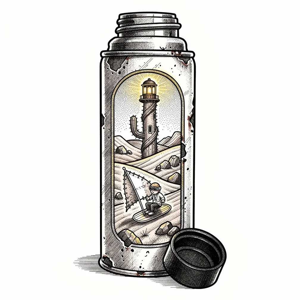 An illustrative dented enamel thermos opens to reveal a tiny lamp-lit desert scene with crescent dunes, a cactus lighthouse lantern, and a goggled sand-sailor riding toward the glow.