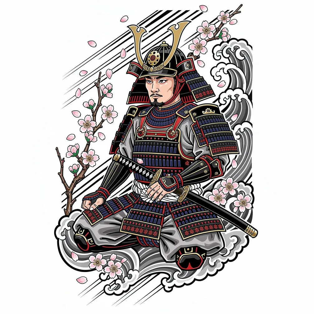 A Japanese irezumi-style samurai in full armor kneeling in meditation with a katana across his lap as cherry blossoms fall.