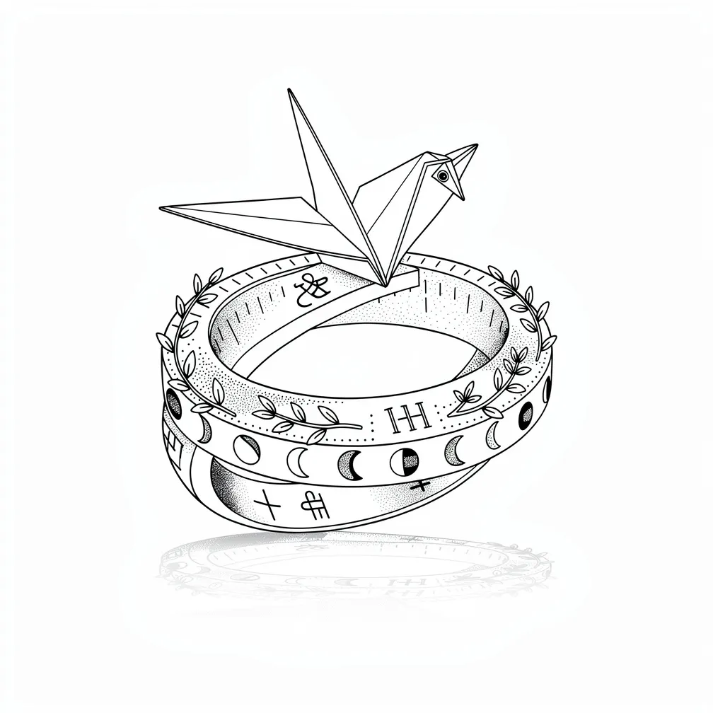 A fine-line torus sundial ring with botanical engravings, tiny lunar-phase inlays, and a folded-paper crane gnomon casting a sharp geometric shadow on hour lines.