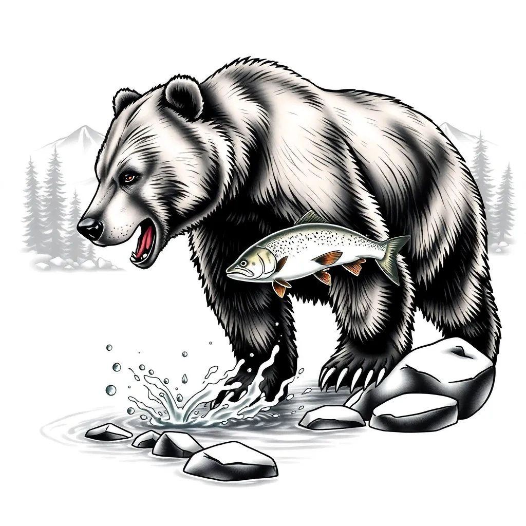 A realistic grizzly bear standing in a rushing mountain stream, water splashing around its paws with pine forested slopes in the background.