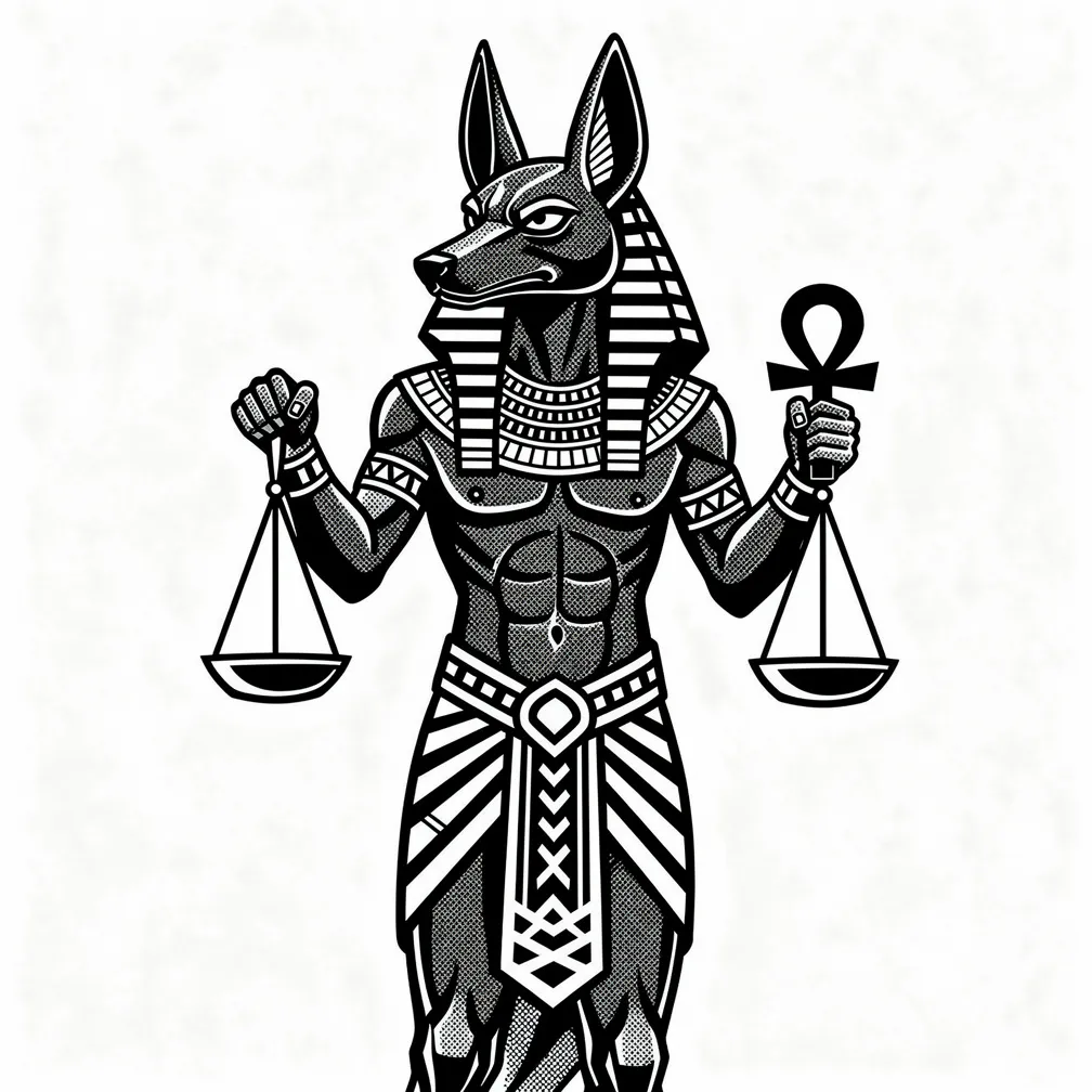 A blackwork Anubis holds the scales of judgment while an ankh in his other hand glows with bright accents.