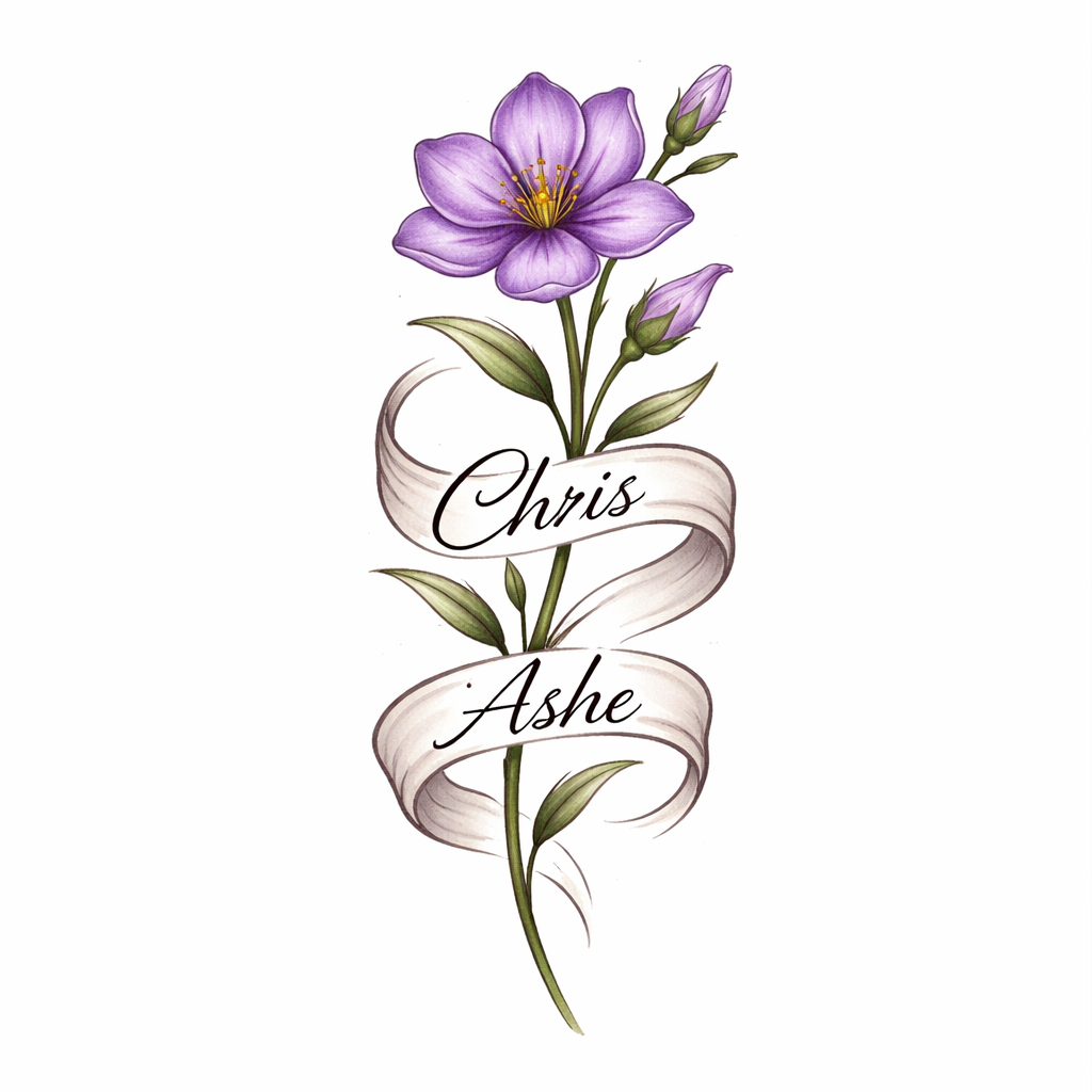 A fine-line violet rendered in purple tones with the names "Chris" and "Ashe" woven into the stem in delicate script.