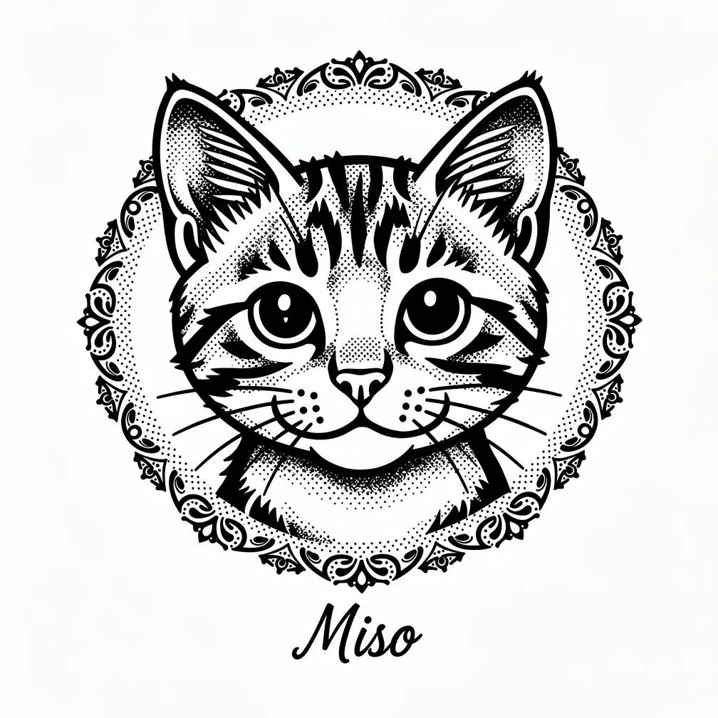 A blackwork memorial tattoo for a kitten named Miso, featuring a small cat silhouette with soft halo-like framing and the name in subtle lettering.