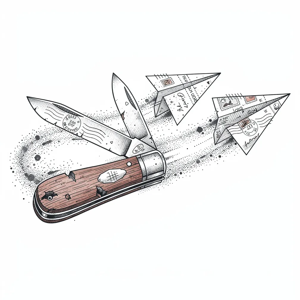 An illustrative vintage folding pocketknife partly open, its blades morphing into paper airplanes with stamps and coordinates, ink-splatter contrails trailing behind.